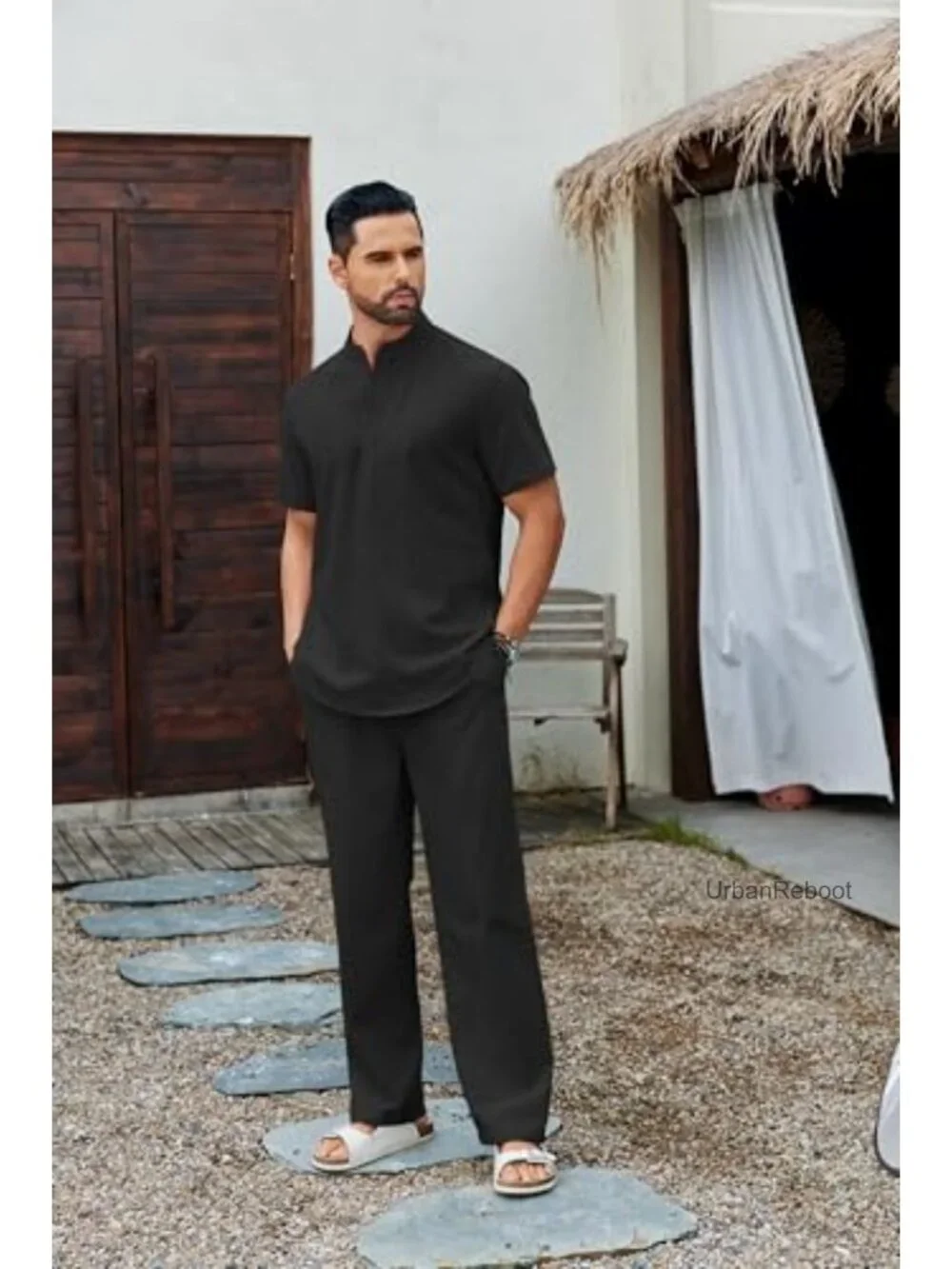 Men's 2 Piece Cotton Linen Look Beach Outfit Set with Pockets, Short Sleeve